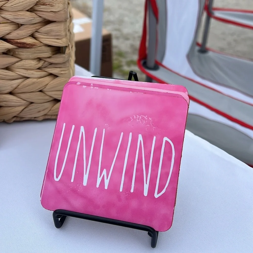 DolledUp Home- Relax Unwind Breathe Calm Coaster Set- 4 Coasters with stand - Picture 3 of 3